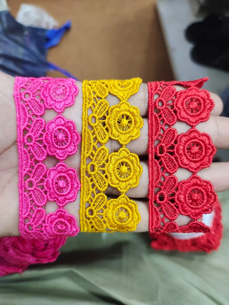 Medium size guipure lace border in pink, yellow and red